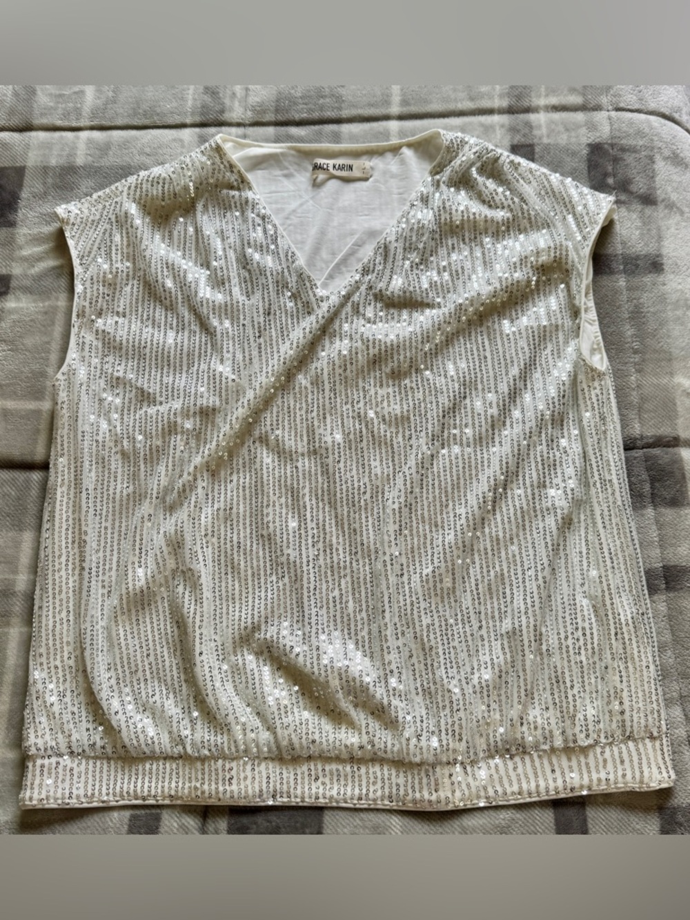 Women's Silver Sequin V-Neck Sleeveless Top